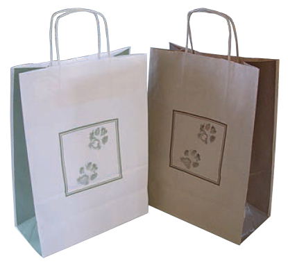 White and brown pet casket bags with paw prints by Sarah Brown Cards with white background