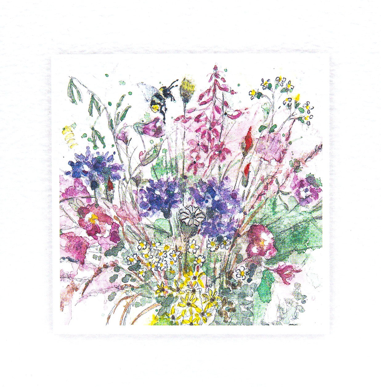 Watercolour sympathy card of British wildflowers with bee