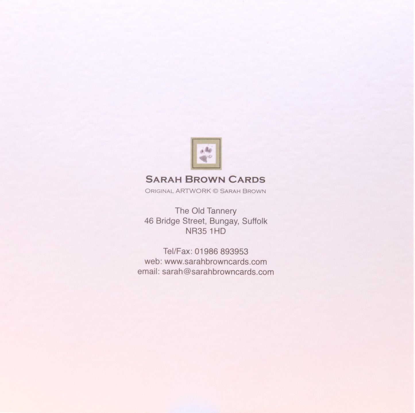 Contact information at the back of a pet sympathy card by Sarah Brown Cards 