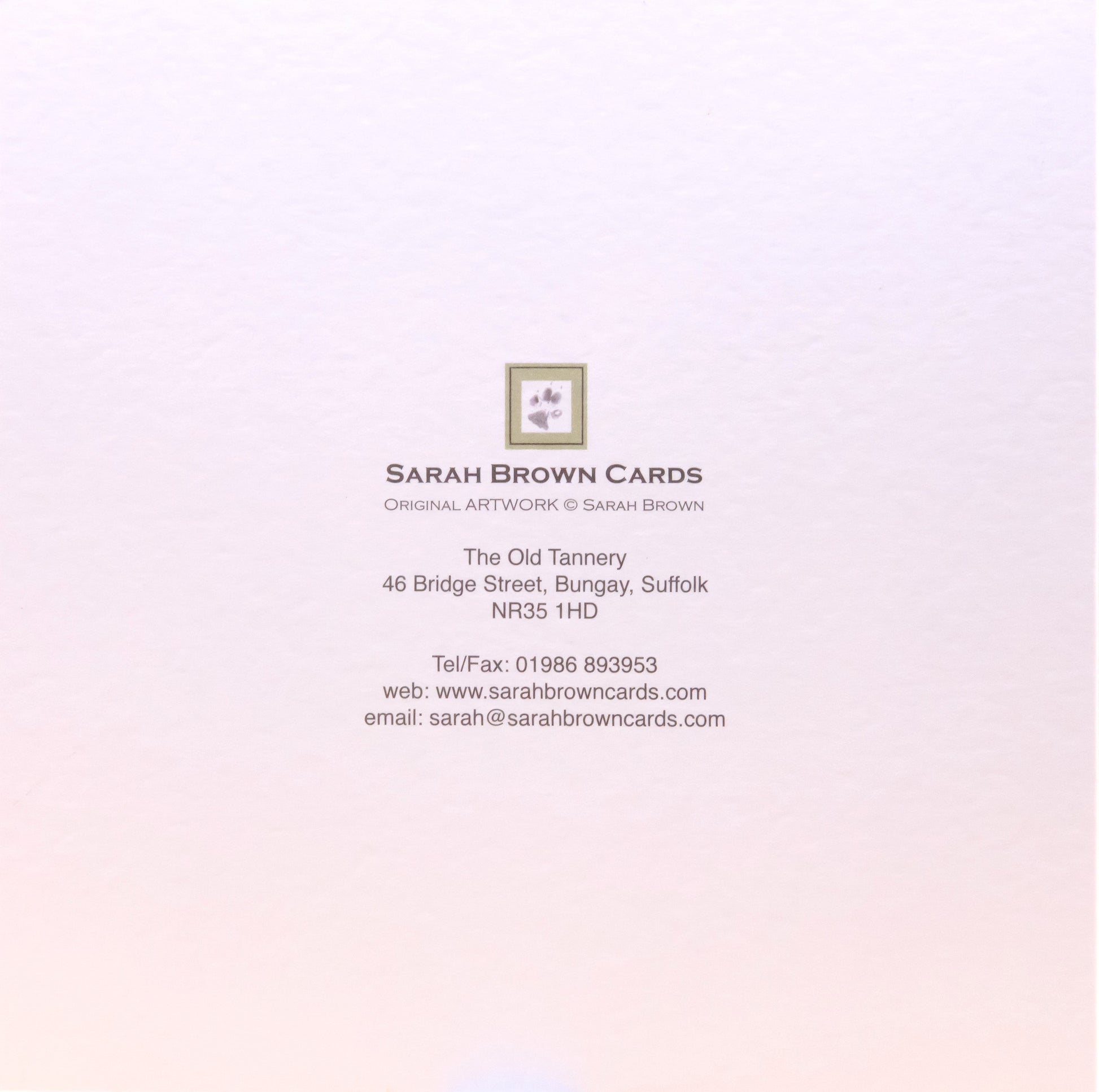 Contact information at the back of a pet sympathy card by Sarah Brown Cards 