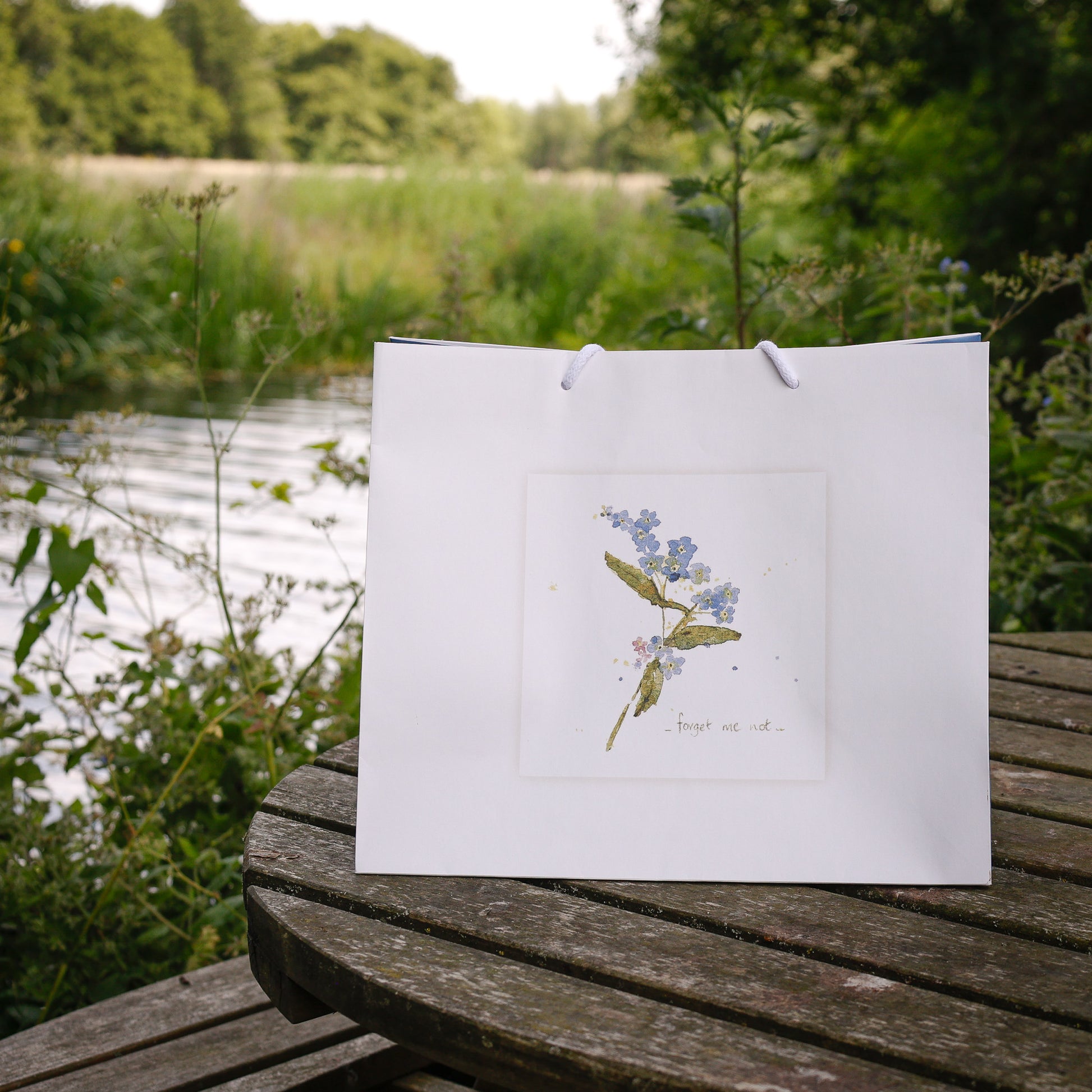 Pet Casket Bag with forget me not print by Sarah Brown Cards on table with River Waveney in the background