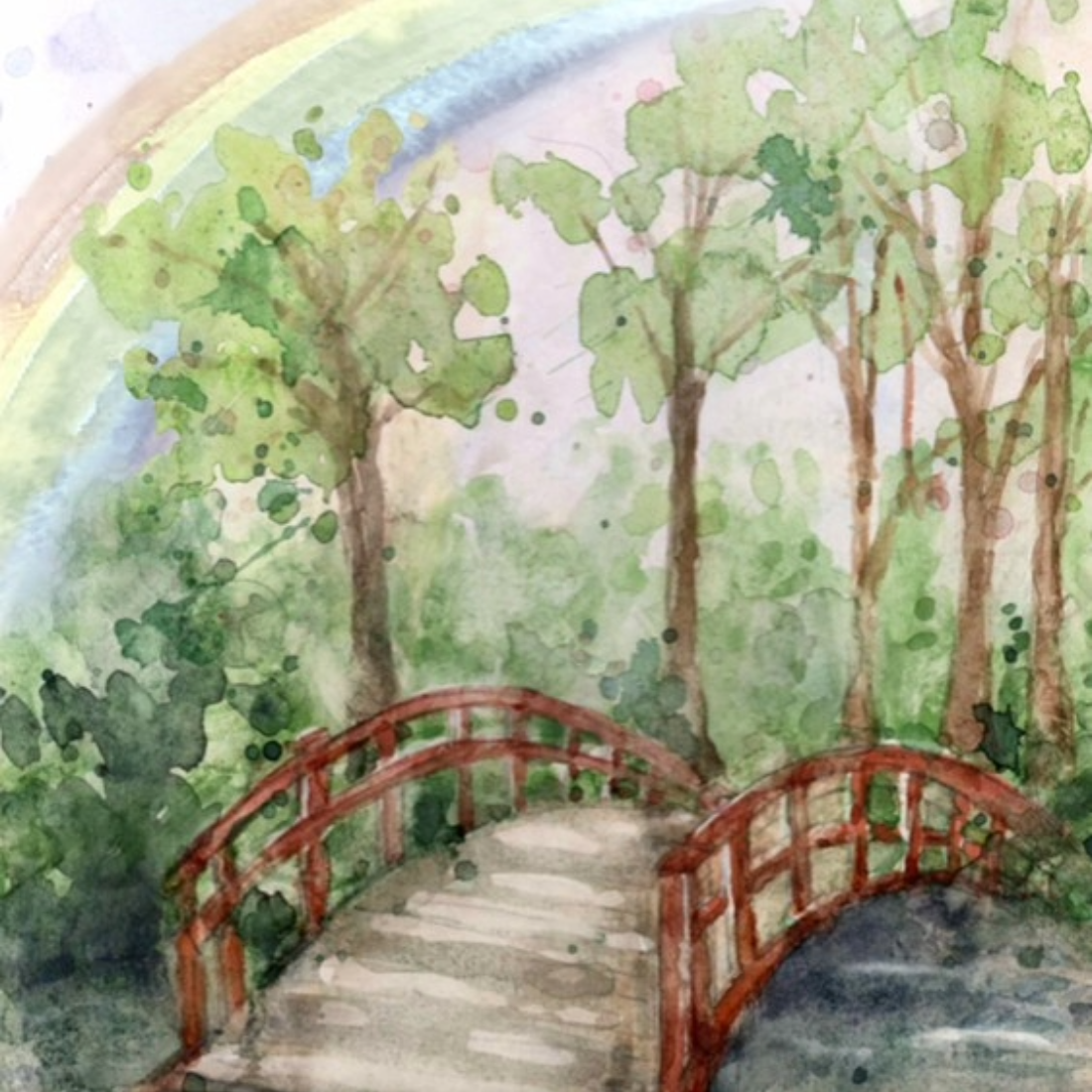 GEN14 Rainbow Bridge design by Sarah Brown Cards. Watercolour painting of a red bridge over a stream with trees and a rainbow in the background. 